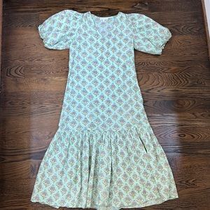 Mint Green Floral Midi Dress with Puff Sleeves and Flared Hem